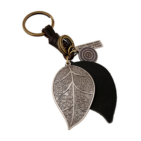 2016 New Style Pure Manual Weaving Retro Big Leaves Design Key Chain Male and Female Genuine Leather Metal Keychain - maciej-store