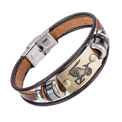 Alibaba Hot Selling Europe Fashion 12 zodiac signs Bracelet With Stainless Steel Clasp Leather Bracelet for Men