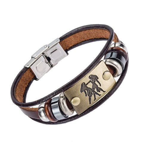 Alibaba Hot Selling Europe Fashion 12 zodiac signs Bracelet With Stainless Steel Clasp Leather Bracelet for Men - maciej-store