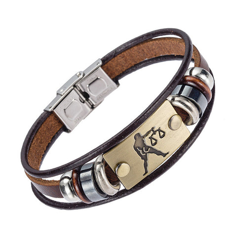 Alibaba Hot Selling Europe Fashion 12 zodiac signs Bracelet With Stainless Steel Clasp Leather Bracelet for Men - maciej-store