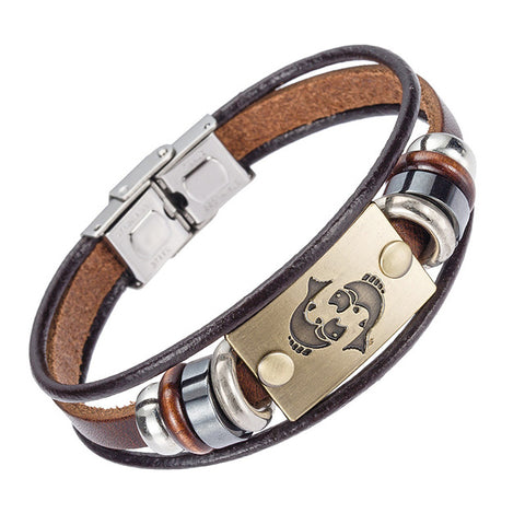 Alibaba Hot Selling Europe Fashion 12 zodiac signs Bracelet With Stainless Steel Clasp Leather Bracelet for Men - maciej-store