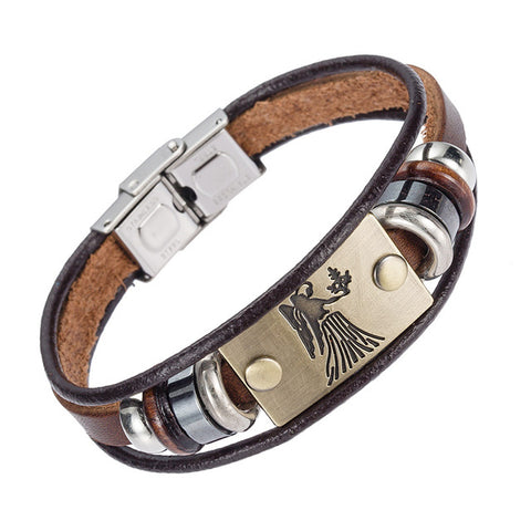 Alibaba Hot Selling Europe Fashion 12 zodiac signs Bracelet With Stainless Steel Clasp Leather Bracelet for Men - maciej-store