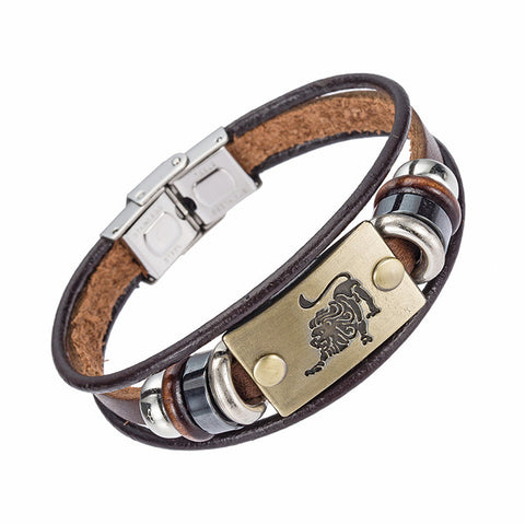 Alibaba Hot Selling Europe Fashion 12 zodiac signs Bracelet With Stainless Steel Clasp Leather Bracelet for Men - maciej-store