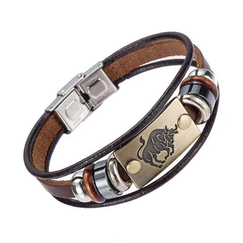 Alibaba Hot Selling Europe Fashion 12 zodiac signs Bracelet With Stainless Steel Clasp Leather Bracelet for Men - maciej-store