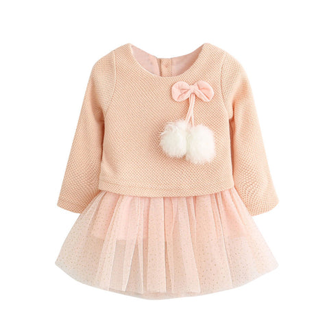 Knitting wool yarn the net hot dress Toddler Baby Kid Girls Long Sleeve Knitted Bow Newborn Tutu Princess Dress 0-24M - maciej-store