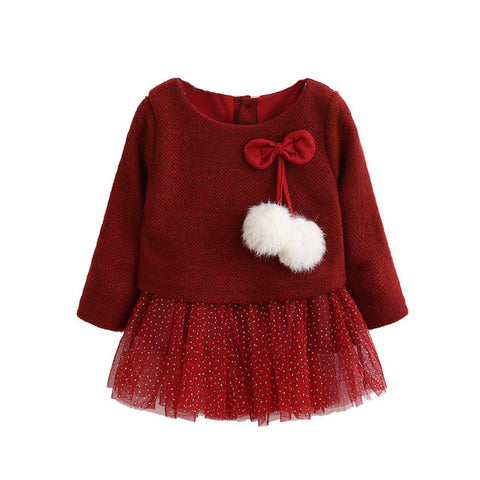 Knitting wool yarn the net hot dress Toddler Baby Kid Girls Long Sleeve Knitted Bow Newborn Tutu Princess Dress 0-24M - maciej-store