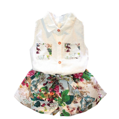 GIrl Clothes set Baby Kids Girls Clothing Sleeveless Blouse T-shirt+Floral Pants 2pcs Set Outfits Drop ship