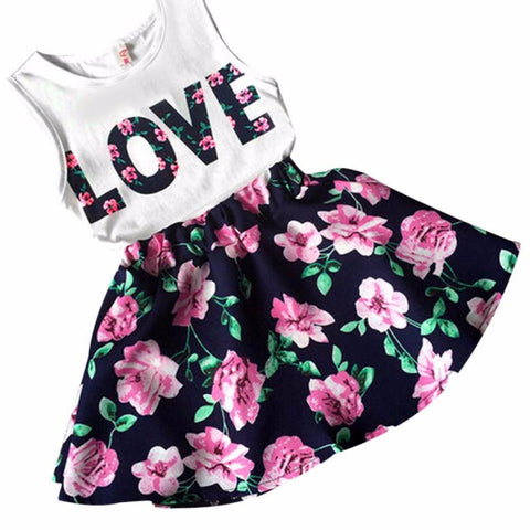 LOVE letter girl suit Printed Sleeveless Vest Floral Skirt Set Clothes Girls clothing set Drop ship